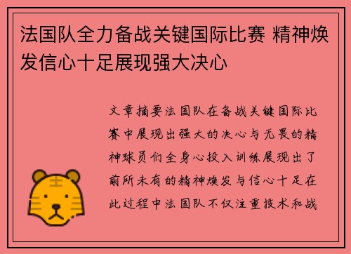 法国队全力备战关键国际比赛 精神焕发信心十足展现强大决心
