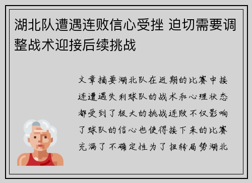 湖北队遭遇连败信心受挫 迫切需要调整战术迎接后续挑战
