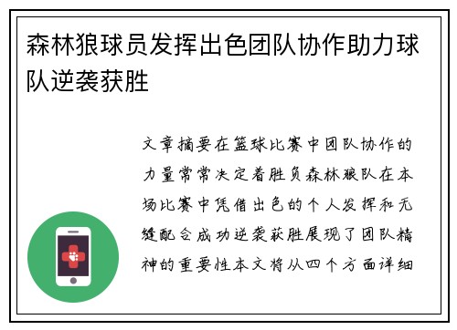 森林狼球员发挥出色团队协作助力球队逆袭获胜