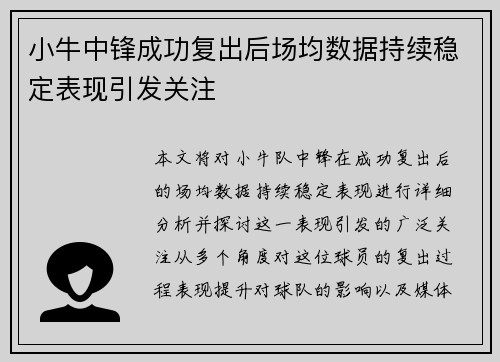 小牛中锋成功复出后场均数据持续稳定表现引发关注