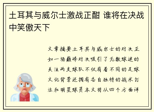 土耳其与威尔士激战正酣 谁将在决战中笑傲天下