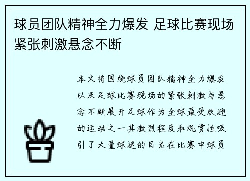 球员团队精神全力爆发 足球比赛现场紧张刺激悬念不断